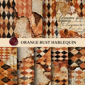 May include: A digital paper collection featuring a repeating harlequin diamond pattern in shades of orange, rust, and black. The design incorporates distressed, torn paper textures layered over vintage-style cursive script and printed text.