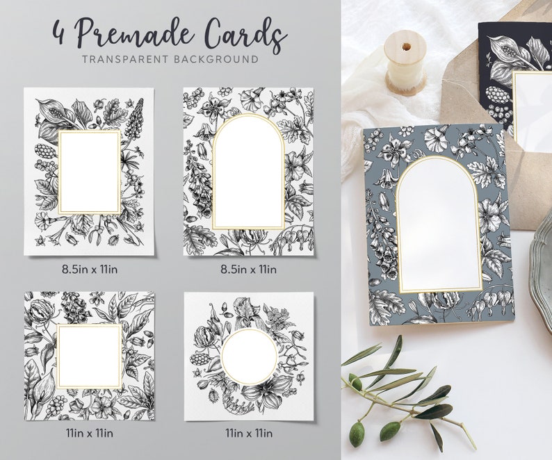 May include: Four printable cards with floral borders and blank spaces for text. The cards are 8.5 inches by 11 inches and 11 inches by 11 inches. The cards have a transparent background.