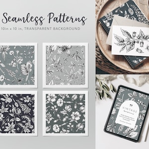 May include: Four seamless patterns featuring black and white botanical illustrations on a gray background. The patterns are 10 inches by 10 inches and have a transparent background. The text "Vintage Apothecary" is visible on a digital tablet.