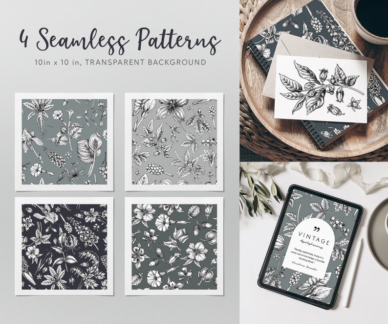 May include: Four seamless patterns featuring black and white botanical illustrations on a gray background. The patterns are 10 inches by 10 inches and have a transparent background. The text "Vintage Apothecary" is visible on a digital tablet.