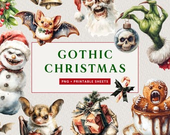 Gothic Christmas Fussy Cuts: 37 Watercolor Illustrations for Junk Journaling. Printable Horror Ephemera