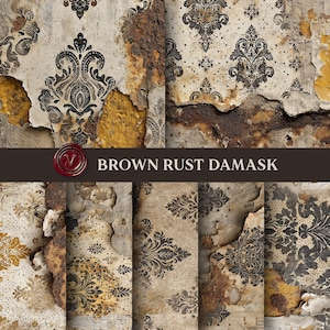 May include: A digital paper pack featuring a distressed damask pattern with a brown rust color scheme. The design includes peeling paint, exposed rust, and ornate floral motifs. The text "BROWN RUST DAMASK" is displayed on a dark brown banner.