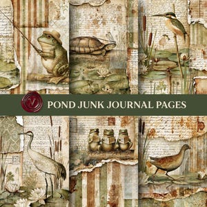 May include: A collection of digital junk journal pages featuring pond-themed illustrations including a frog with a fishing rod, a turtle, a kingfisher, a crane, and frogs reading books, all set against a background of vintage script and paper.