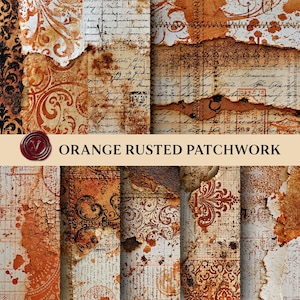 Orange Rusted Patchwork Junk Journal Backgrounds, Grunge Scrapbook Paper, Distressed Vintage Collage Papers, Rustic Printable Journal Pages