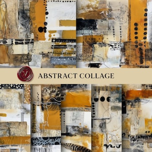 Peut inclure: Un collage abstrait avec un mélange de textures, de couleurs et de motifs. L'œuvre d'art intègre des éléments de papier, de peinture et d'encre, avec une palette de couleurs jaune, noir, blanc et marron. Le texte "ABSTRACT COLLAGE" est visible.