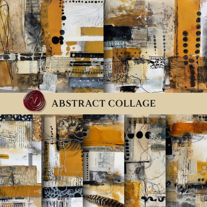 Op de afbeelding: Een abstracte collage met een mix van mosterdgele, zwarte en witte elementen. De compositie bevat gescheurd papier, gedrukte tekst, inktspatten, handgetekende lijnen en een veermotief. Een rood waszegel met de letter V is zichtbaar.