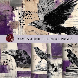 May include: Raven junk journal pages with a collage design. The pages feature illustrations of ravens, skulls, and vintage paper textures in black, white, and purple. The text "RAVEN JUNK JOURNAL PAGES" is displayed across the image.