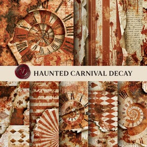 May include: A digital paper collection featuring distressed textures in shades of rust, cream, and brown. Patterns include spiral clock faces, vertical stripes, handwritten script, and playing card motifs with diamonds, clubs, and spades.