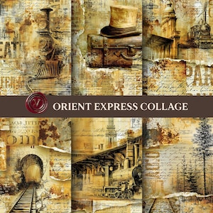 Puede incluir: Un collage con imágenes en tonos sepia de locomotoras de vapor, un sombrero de copa sobre una maleta, estaciones de tren y túneles ferroviarios. La composición incluye escritura antigua superpuesta, bordes de papel rasgados y el texto ORIENT EXPRESS COLLAGE.
