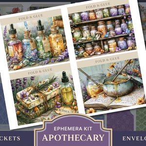 May include: Apothecary-themed ephemera kit with illustrations of apothecary bottles, jars, and ingredients. The kit includes pockets and envelopes. The images feature watercolor-style artwork with the text "FOLD & GLUE".
