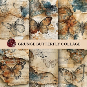 May include: A digital collage sheet featuring multiple butterfly illustrations layered over distressed vintage paper, brick wall textures, and handwritten script. The design includes torn paper edges and the text GRUNGE BUTTERFLY COLLAGE.
