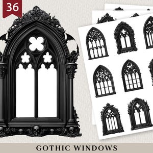 May include: Black gothic window frame with ornate detailing, including skulls at the base and a cross-shaped design. Several smaller gothic window illustrations are displayed on a white background. The text "GOTHIC WINDOWS" is at the bottom.