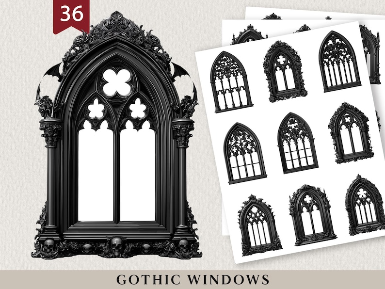 Pu&ograve; includere: Cornice di finestra gotica nera con dettagli ornati, tra cui teschi e un motivo a forma di croce. Diverse illustrazioni di finestre gotiche pi&ugrave; piccole sono visualizzate su sfondo bianco. Il testo "GOTHIC WINDOWS" &egrave; in basso.
