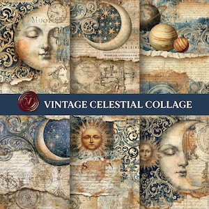 May include: A digital collage sheet featuring vintage celestial imagery including moon faces, suns, planets, and astronomical charts. The design incorporates sepia-toned handwritten script, intricate blue scrollwork, and torn paper edges with the text VINTAGE CELESTIAL COLLAGE.