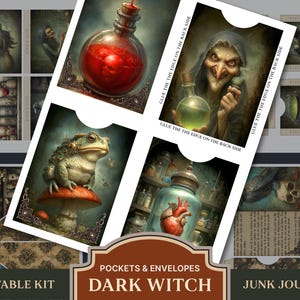 Puede incluir: Kit imprimible con bolsillos y sobres temáticos de Dark Witch para diarios basura. El kit incluye ilustraciones de pociones, una bruja, una rana sobre una seta y un tarro con un corazón. El texto "Pegue el borde en la parte posterior" es visible.
