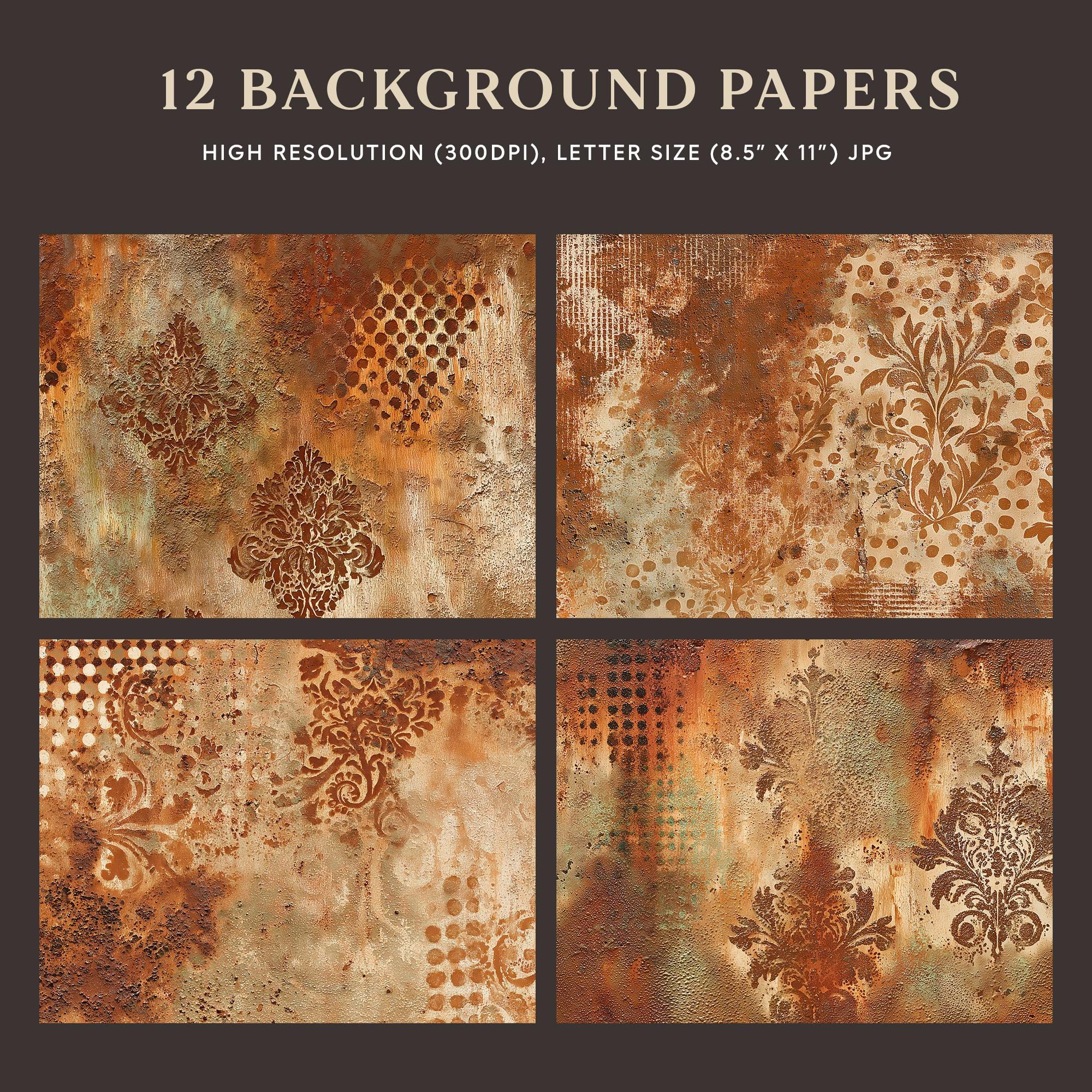 Rust Damask Texture Rust Damask Junk Journal Backgrounds, Distressed Vintage Paper Pack ...