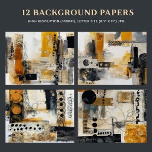 Op de afbeelding: Een set van 12 achtergrondpapieren met abstracte collageontwerpen in geel, zwart en wit. De tekst 12 BACKGROUND PAPERS HIGH RESOLUTION (300DPI), LETTER SIZE (8.5" X 11") JPG is zichtbaar. De ontwerpen bevatten inktspatten, tekst en geometrische vormen.