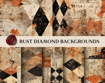Rust Diamond Junk Journal Backgrounds, Burnt Orange Grunge Papers, Vintage Harlequin Collage, Printable Scrapbook Paper Pack