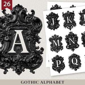 May include: Black gothic alphabet letters in ornate frames. The letter "A" is displayed prominently, with other letters on a separate sheet. The text "Gothic Alphabet" is at the bottom. The frames are black with white letters.