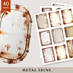 May include: A weathered, oval-shaped metal sign with rusty bolts and a white center, alongside several sheets of rectangular metal signs. The image includes the text "40 SIGNS" and "METAL SIGNS".