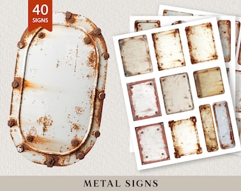 Rusty Metal Signs Set, 40 Vintage Metal Labels, Junk Journal Tags, Industrial Ephemera PNG