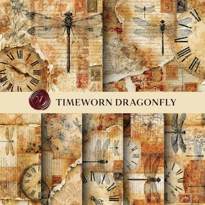Può includere: Un set di carta per collage digitale intitolato TIMEWORN DRAGONFLY con elementi vintage in tonalità seppia, tra cui illustrazioni di libellule, quadranti di orologi antichi con numeri romani, scrittura corsiva e francobolli.
