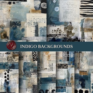May include: A collage of indigo backgrounds with various textures and patterns. The design incorporates elements of handwriting, floral motifs, and abstract shapes in shades of blue, white, and black. The text "INDIGO BACKGROUNDS" is displayed across the image.