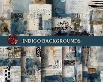 Indigo dagboek achtergronden, humeurig blauw mixed media collagepapier, grunge ongewenste dagboek afdrukbare pagina's, donkere ephemera kunstset
