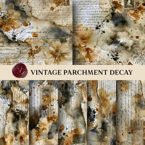 May include: A collection of vintage parchment paper with a distressed, aged appearance. The paper features handwritten script, floral accents, and ink splatters in shades of brown, beige, and gray. The text "VINTAGE PARCHMENT DECAY" is displayed.