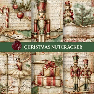 Op de afbeelding: Een digitale collage met kerstafbeeldingen waaronder een notenkraker, een muis in rood uniform, een ballerina, geschenkdozen en zuurstokken tegen een achtergrond van vintage handschrift en kaarten met de tekst CHRISTMAS NUTCRACKER.