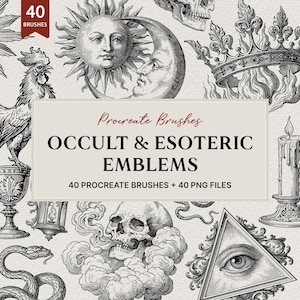 Puede incluir: Una colección digital de 40 pinceles Procreate y 40 archivos PNG con emblemas ocultos y esotéricos. El gráfico incluye ilustraciones en blanco y negro de un sol, luna, calavera, corona, gallo, serpiente, vela y un ojo dentro de un triángulo.