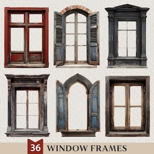 Vintage Window Frames PNG Set, Rustic Architectural Frames for Junk Journal, Scrapbook, Collage