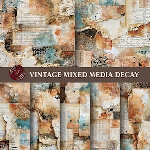 Puede incluir: Un conjunto de papel para collage digital titulado VINTAGE MIXED MEDIA DECAY que presenta texturas en capas de papel envejecido, escritura cursiva manuscrita, texto impreso, sellos postales y salpicaduras de tinta en tonos beige, marrón y azul apagado.