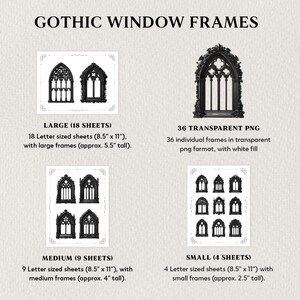 Pu&ograve; includere: Immagine che mostra cornici di finestre gotiche in varie dimensioni. Il testo recita "Gothic Window Frames" in alto. L'immagine include cornici grandi, medie e piccole, con misure in pollici. Include anche 36 cornici PNG trasparenti.