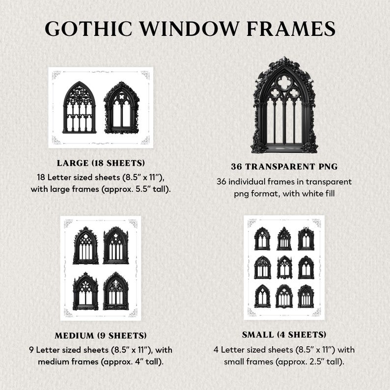 Pu&ograve; includere: Immagine che mostra cornici di finestre gotiche in varie dimensioni. Il testo recita "Gothic Window Frames" in alto. L'immagine include cornici grandi, medie e piccole, con misure in pollici. Include anche 36 cornici PNG trasparenti.