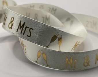 Mr & Mrs Ribbon 15mm – Wedding Satin Ribbon, Gold Foil Champagne Glass Print, Bridal Gift Wrap, Wedding Decor Trim, Anniversary Ribbon