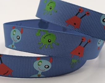 Reel Chic Alien grosgrain lint 16 mm blauw ruimtelint – schattig monsterlint voor haarelastiekjes, knutselen en cadeauverpakking – bedrukt lint