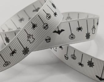 Halloween Grosgrainband 16 mm Vitt - Spöke, Pumpa, Fladdermus, Spindelnät, Halloween Presentinslagning, Kranstillverkning, Hantverk