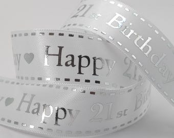 Fita Bertie's Bows Feliz 21º Aniversário 25 mm - Folha Prateada, Embalagem para Presente de Aniversário, Decoração de Festa, Celebração