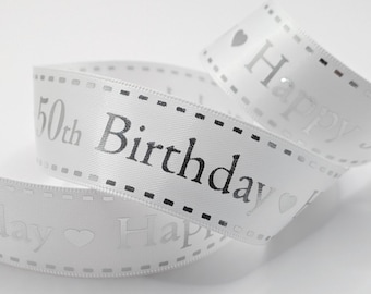 Ruban 50e anniversaire Bertie's Bows 25 mm - Feuille d'argent, papier cadeau d'anniversaire, décoration de fête, célébration