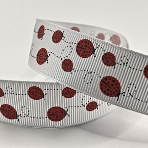 Può includere: Un nastro bianco con un motivo ripetuto di coccinelle rosse con linee tratteggiate nere. Le coccinelle hanno punti neri e sono disposte in un design giocoso. Il nastro ha una sottile trama a righe verticali.