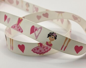 Ruban gros-grain ballerine chic, bobine 16 mm - Danseuse de ballet, coeurs roses, emballage cadeau pour soirée dansante, création de ballet