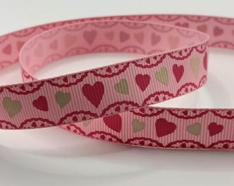 Pink Heart Grosgrain Ribbon 16mm - Valentine’s Day,  Frill Lace Heart Design,  Romantic Gift Wrapping & Craft