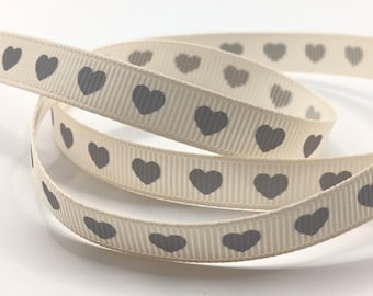 Bertie’s Bows Grey Heart Ribbon 9mm – White Grosgrain Love  – Romantic Craft  – Wedding & Gift Wrap Trim