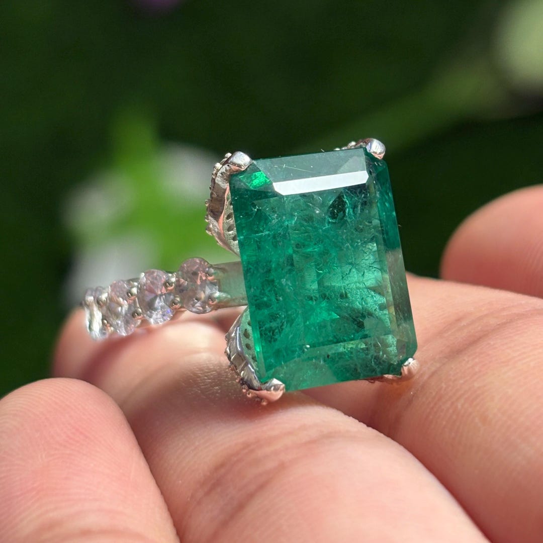 Lab Grown Emerald Ring, Sterling Silver CZ Accent Statement Engagement ...