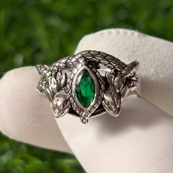 Oxidized Sterling Silver Snake Ring: Green Marquise Stone, Gothic Serpent Jewelry