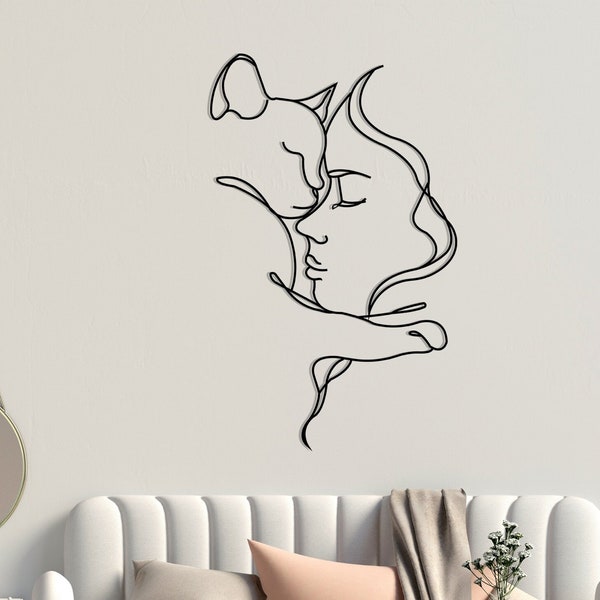 Cat and Woman Minimalist Wall Art, Animal Cat Lovers Gift, Girl and Cat Metal Wall Decor, Black Cat Decor, Housewarming Gift, Wall Hangings,