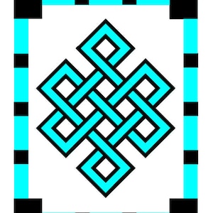 May include: A turquoise blue endless knot symbol, also known as a Tibetan knot, is centered on a black background. The knot is a traditional symbol of good luck and eternity.