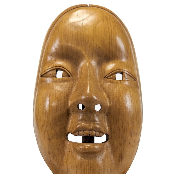 Wooden Ko-Omote Mask - Traditional Japanese Hand Carved Mask. Folk craft Noh Kyogen. Handcrafted Wooden Mask Ornament. (0650)