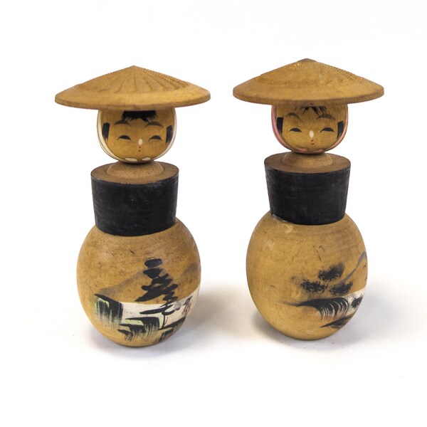 Kokeshi Dolls Lot of 2 (12cm) Authentic Creative Sosaku Kokeshi Dolls - Handmade Japanese Wooden Craft (0177)